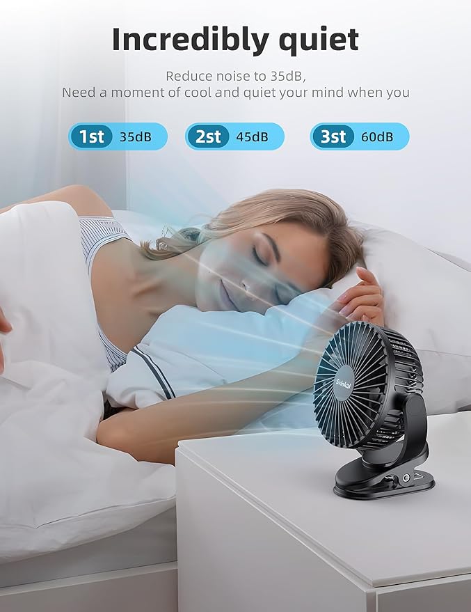 USB Portable Clip on Fan, 2400mAh Battery Type-C 6in, 3 Speed 720° Tilting Head - Image 2