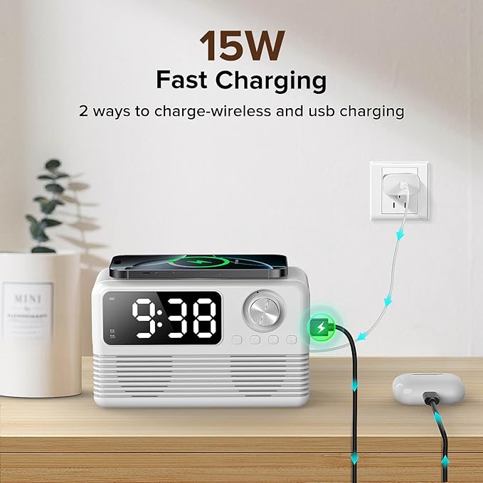 15W Fast Wireless Charger with Bluetooth Speaker and Alarm Clock Radio - Image 3