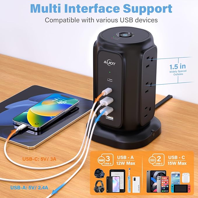 AiJoy Flat Plug Power Strip Tower - Image 6