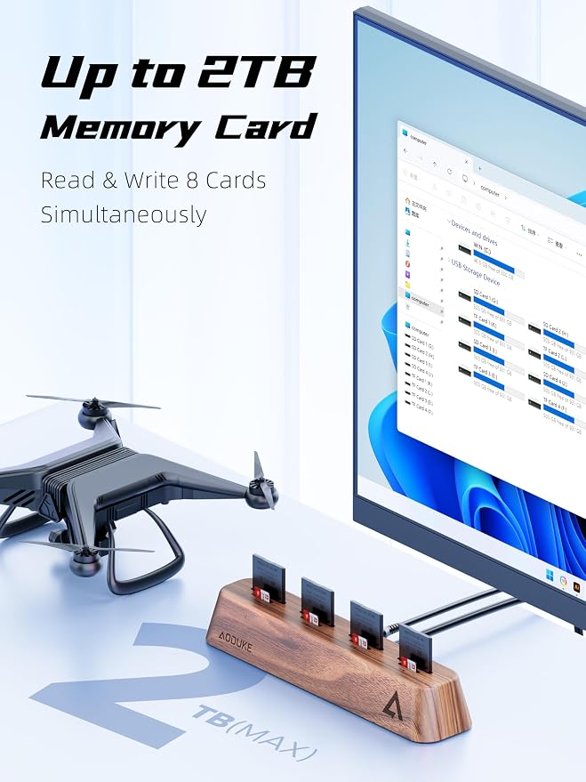 8-Port USB 3.0 SD Card Reader, Walnut Wood Design 5Gbps Data, Simultaneous - Image 3