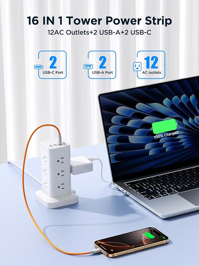 Surge Protector Power Strip, 6FT Flat Plug Extension Cord - Image 3