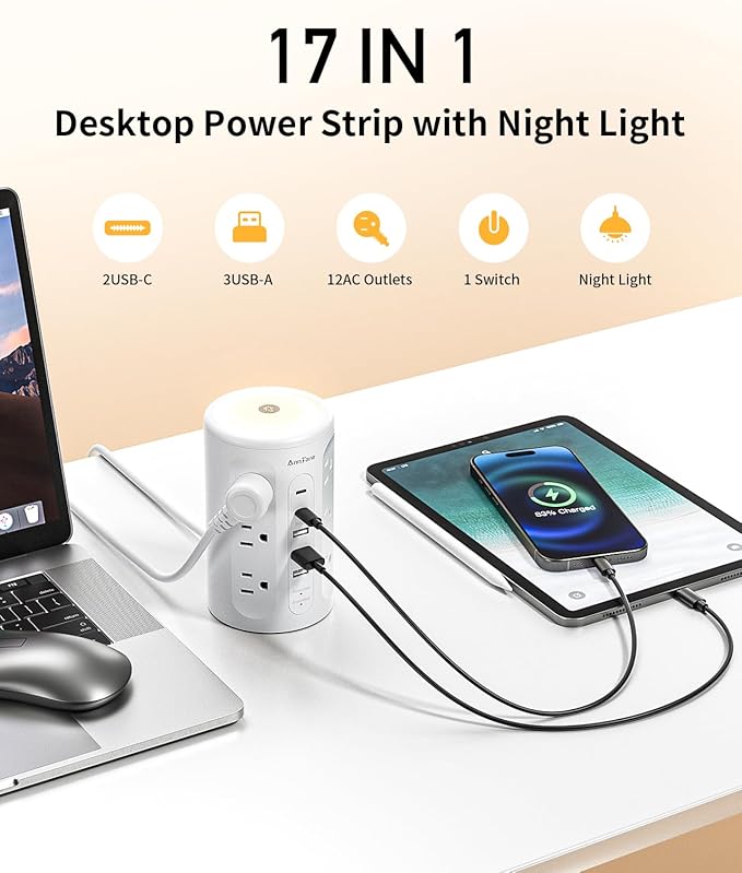 Power Strip Tower with Night Light, 15W Surge Protector Power Strip with USB - Image 2