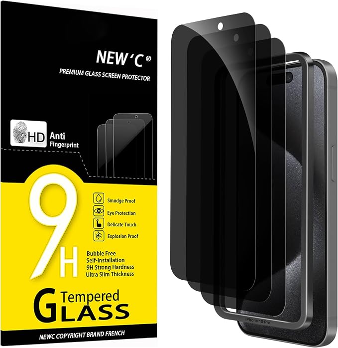 NEW'C 3 Pack Privacy for iPhone 15 Pro Screen Protector, Anti-Spy Tempered by NEWC