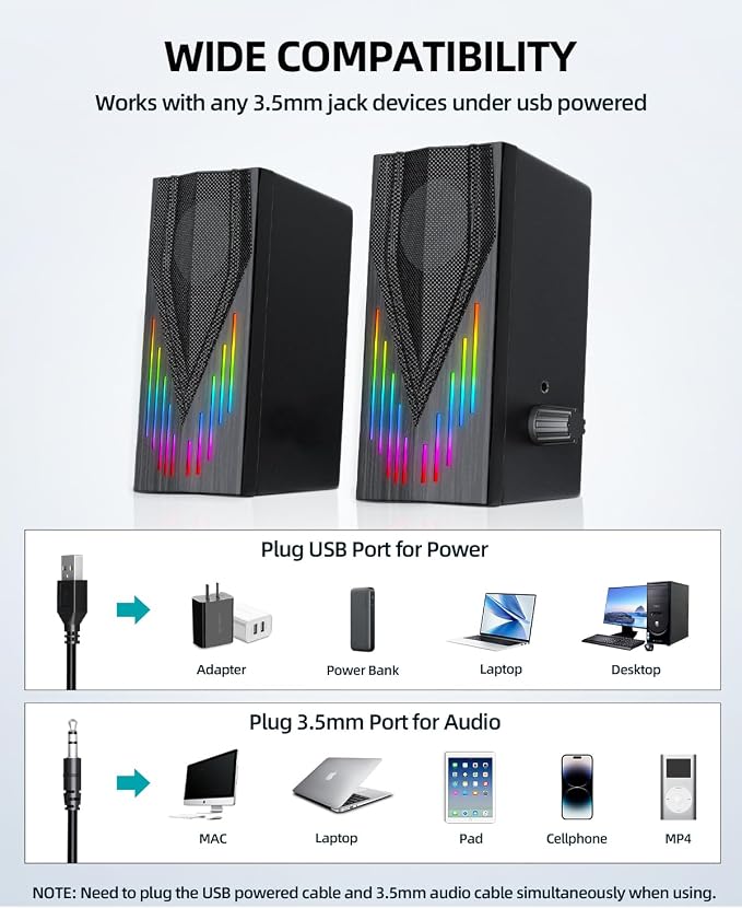Computer Speakers with 6 Colorful RGB Lights, USB Powered 3.5mm Aux with Loud - Image 5