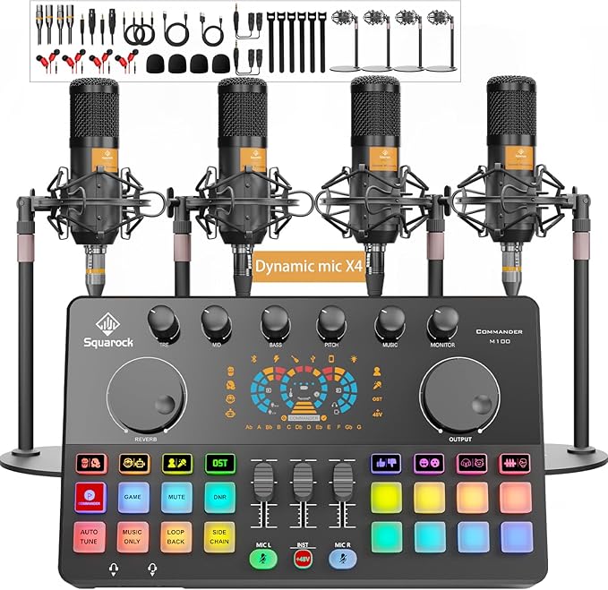 Podcast Equipment Bundle for 4, All-in-One Audio Mixer by SquarockTek