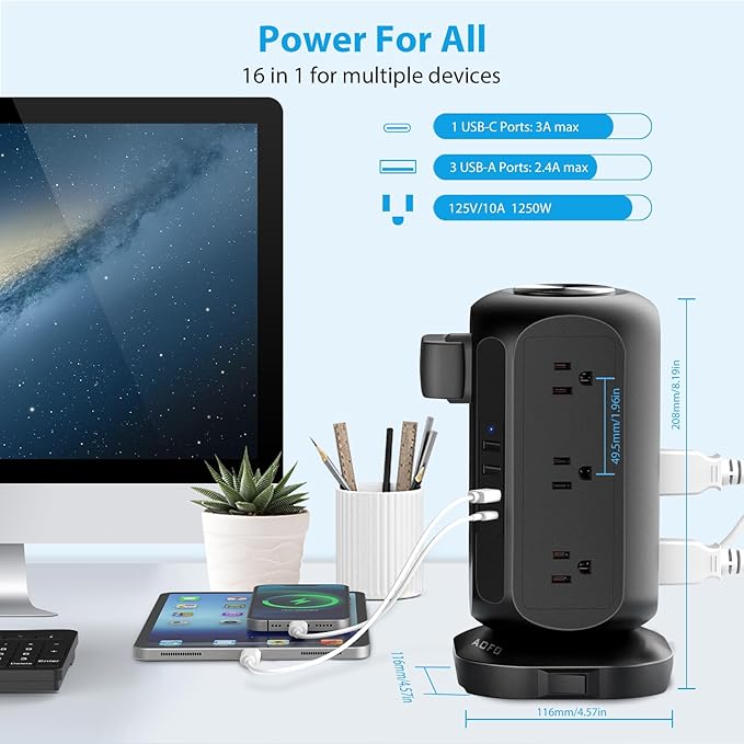 Long Extension Cord 15 ft Power Strip Tower, Surge Protector 12 AC Outlets 4 - Image 4