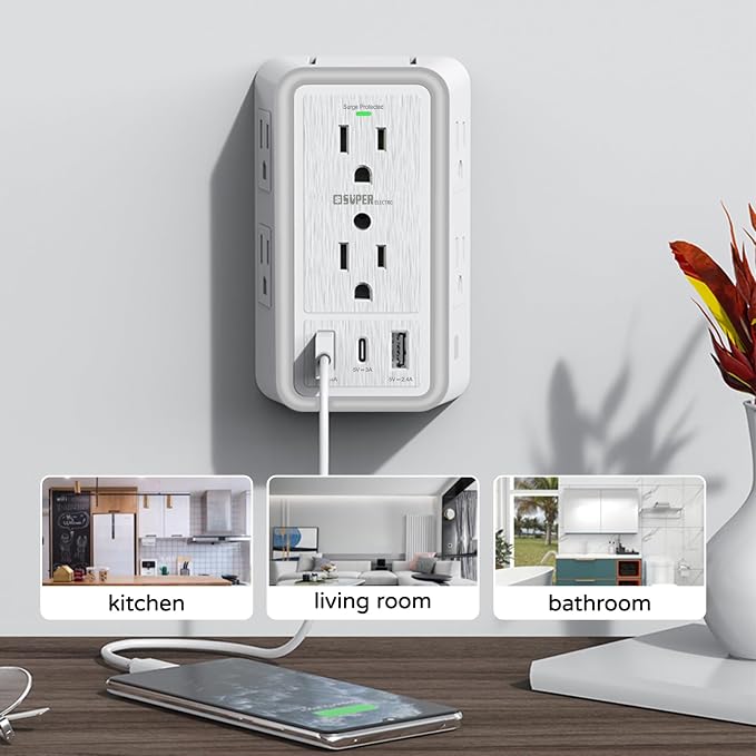 USB Wall Charger Surge Protector, Super Electro 6 Outlet Extender - Image 5