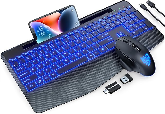 Wireless Keyboard and Mouse Backlits, Wrist Rest, LED Mouse, Rechargeable by SABLUTE
