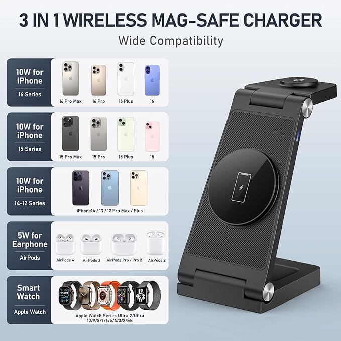 Magnetic Wireless Charger Stand, 3 in 1 Foldable Wireless Charging Station - Image 5