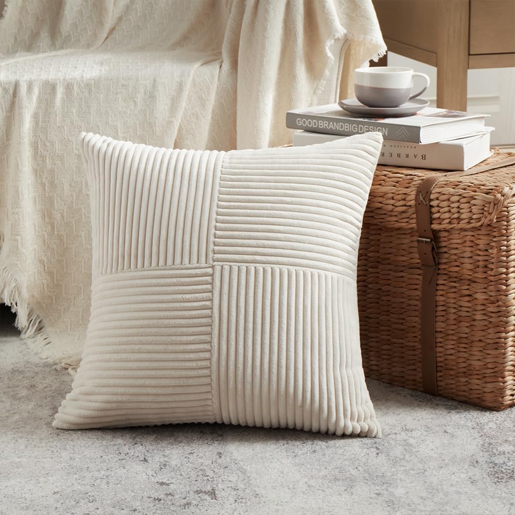 Fancy Homi 2 Packs Boho Cream Decorative Throw Pillow Covers 18x18 Inch for Living Room Couch Bed Sofa, Rustic Farmhouse Home Decor, Soft Corss Corduroy Patchwork Textured Square Cushion Case 45x45 cm