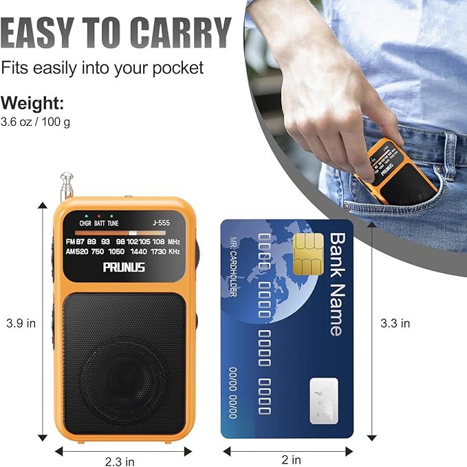PRUNUS J-555 Pocket Radio AM FM USB-C Charging& Battery Operated, Excellent - Image 3