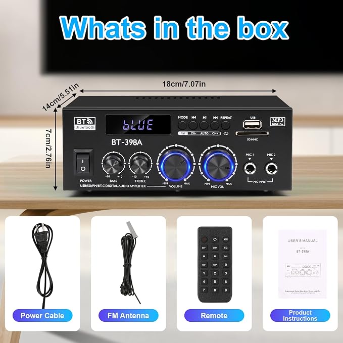 Romica Stereo Audio Amplifier, 2 Channel 450W x2 Bluetooth 5.0 Home Theater - Image 8
