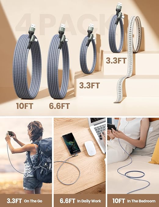 AINOPE USB C Cable 4-Pack 3.2A 90 Degree USB C Cable Packs, Nylon Braided - Image 3