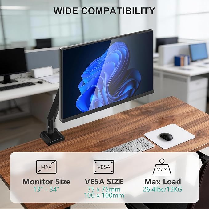 WALI Single Monitor Mount for 13-34 inch Screens, Adjustable Single Monitors Arm - Image 2