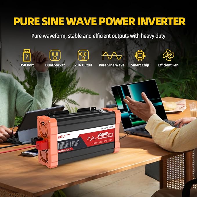 BELTTT 2000W Pure Sine Wave Inverter, Car Power Inverter 12V to 120V AC - Image 2