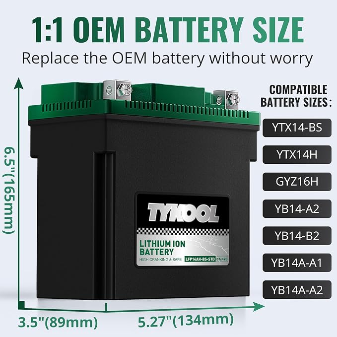 TYKOOL YTX14AH-BS-STD, LiFePO4 Lithium Motorcycle Battery, 12.8V 7Ah, 5X Longer - Image 2