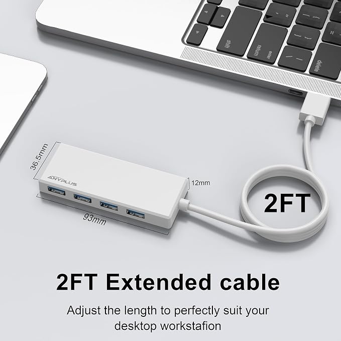USB Hub, 2 ft Long Cable USB 3.0 Hub, USB Extender - Image 4