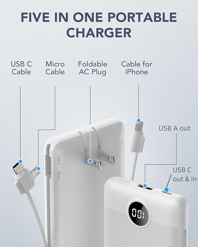 VRURC Portable Charger, Power Bank Built-in Cables and AC Wall Plug, USB C - Image 3