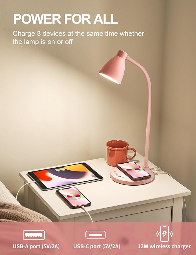 BOHON Cute Desk Lamp with USB C+A Charging Ports, Wireless Charger Pink Lamp - Image 4