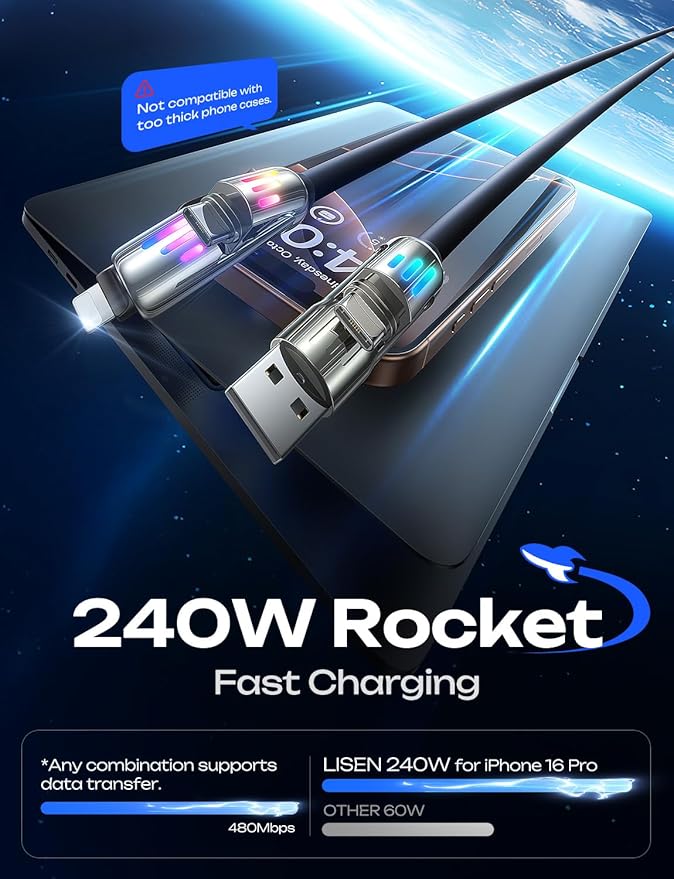 LISEN 240W USB-C Charge Cable, Soft USB C Cable, 4 in 1 Charging Cable - Image 4