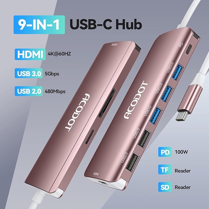 Acodot 9 in 1 USB C to 4K@60HZ HDMI Multiport Adapter, 3 USB 3.0 Ports - Image 2