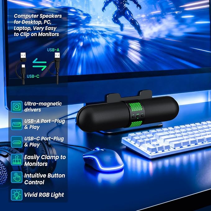BESTISAN Computer Speaker, 6 RGB Light Modes, Gaming Soundbar - Image 5