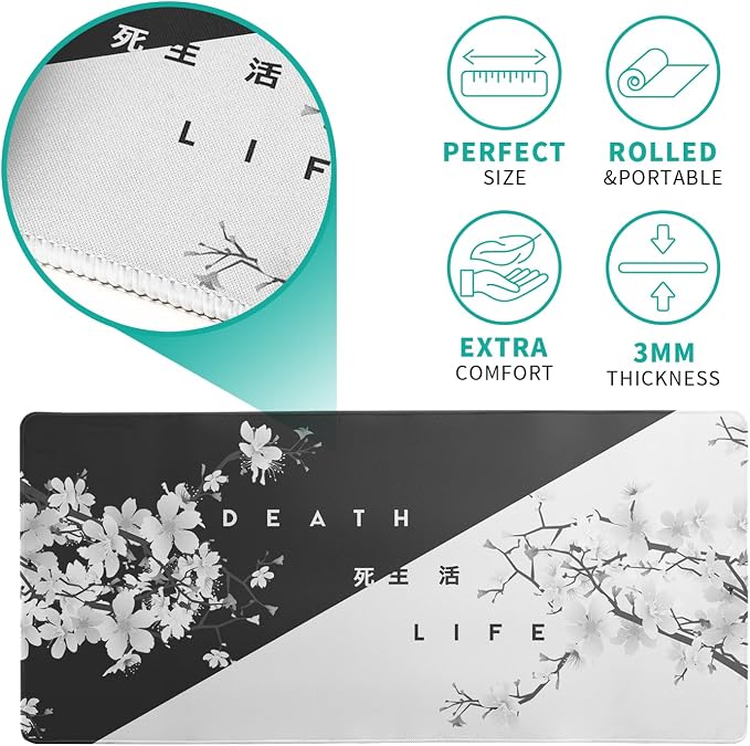 Black and White Mouse Pad 31.5 X 11.8 Inch Japanese Cherry Blossom Extended - Image 5