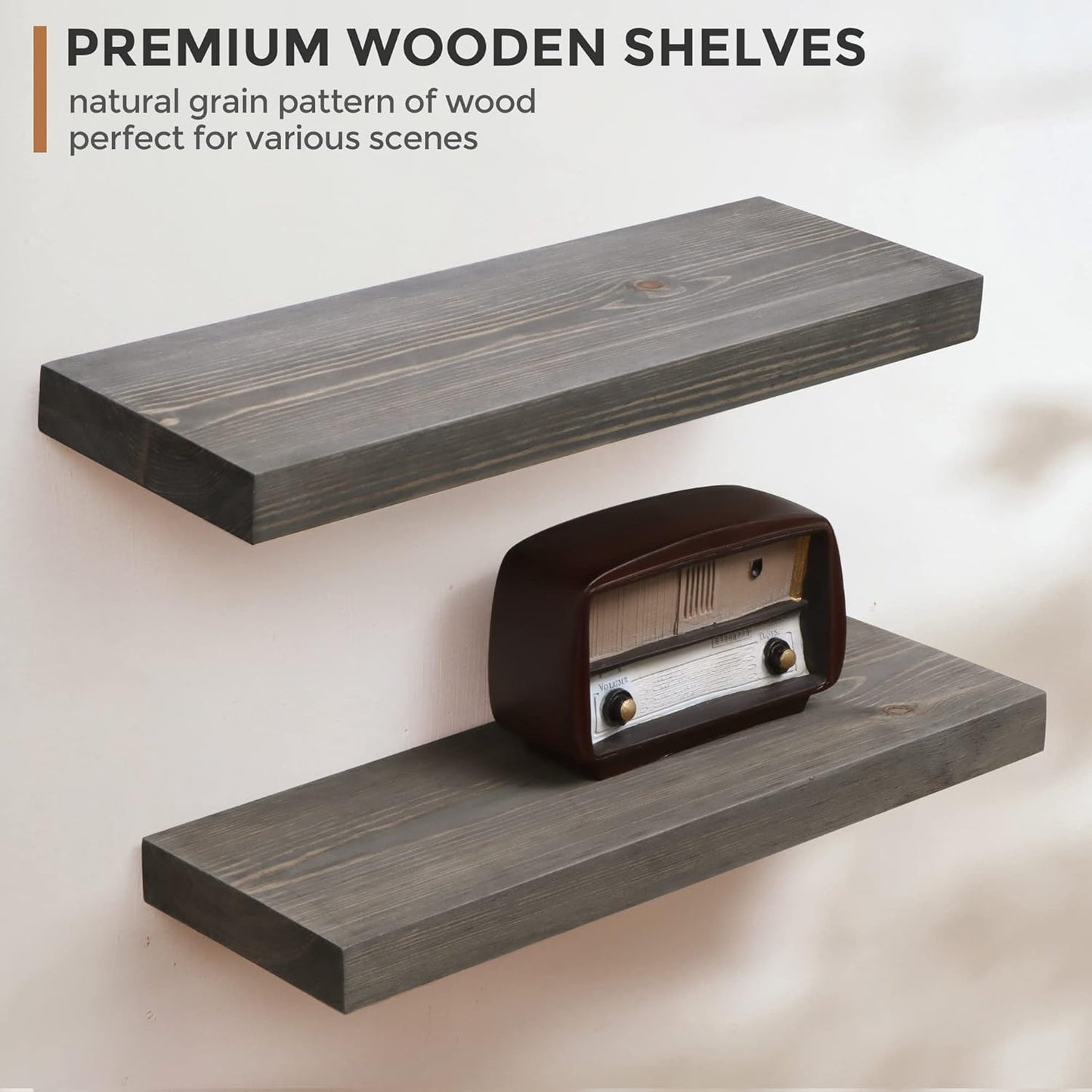 Fun Memories European Pine Floating Shelves for Wall, Mounted Shelf for Decor Storage Set of 2 - Natural Rustic Wooden Wall Shelf for Kitchen Bathroom Living Room Bedroom Farmhouse - Grey