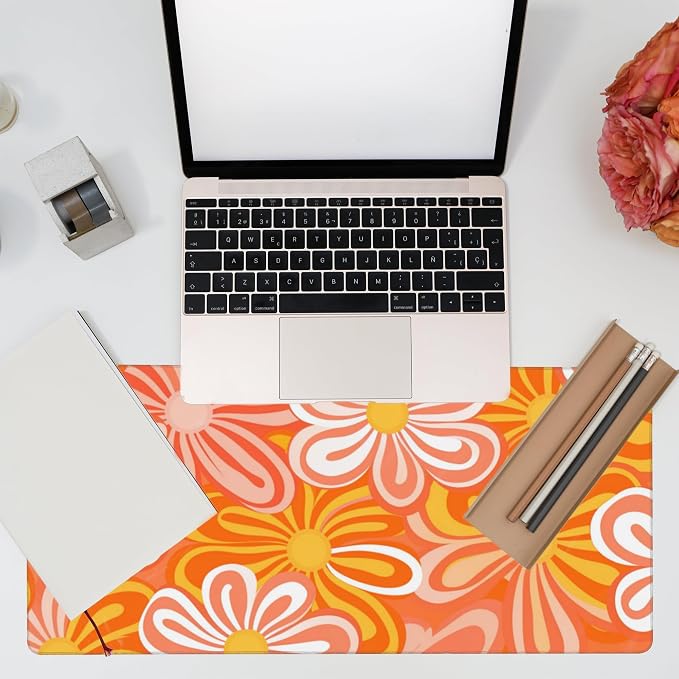 Desk Pad, Hippie Vintage Orange Flowers Desk Mat, Retro Floral Large Gaming - Image 7