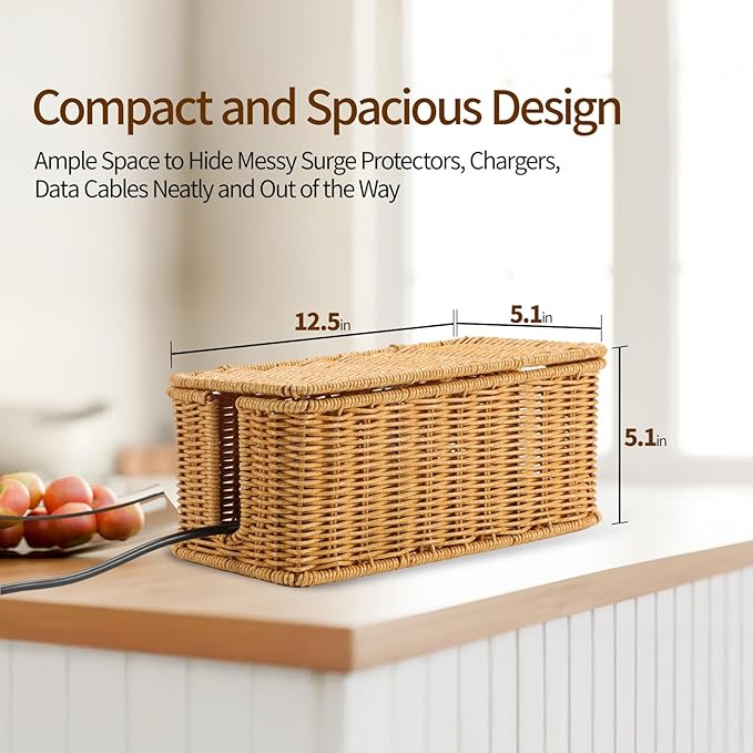 Delamu Handmade Rattan Cable Management Box, Cord Organizer - Image 2
