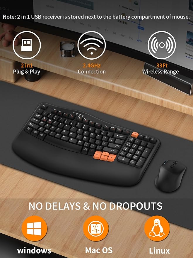 Wireless Keyboard and Mouse Combo, 2.4G Wave Keys Ergonomic Keyboard - Image 2