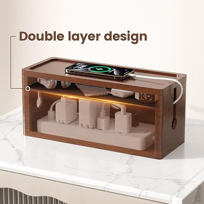Extra Large Cable Management Box – Brown Double Layer Wooden Cord Organizer - Image 4