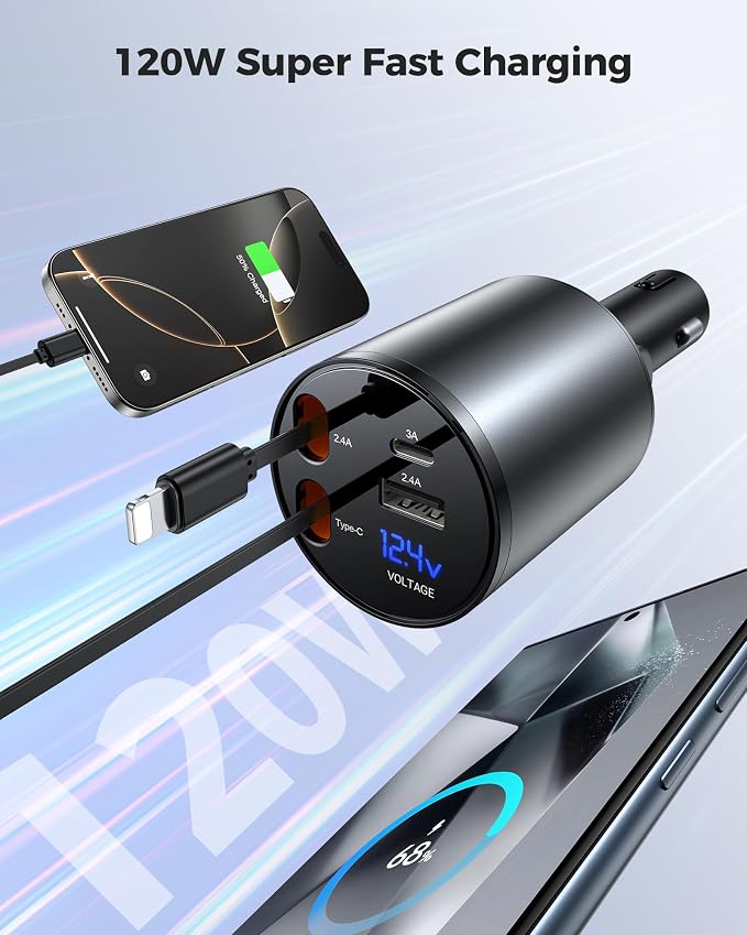 Retractable Car Charger, 4 in 1 Fast Car Phone Charger - Image 4