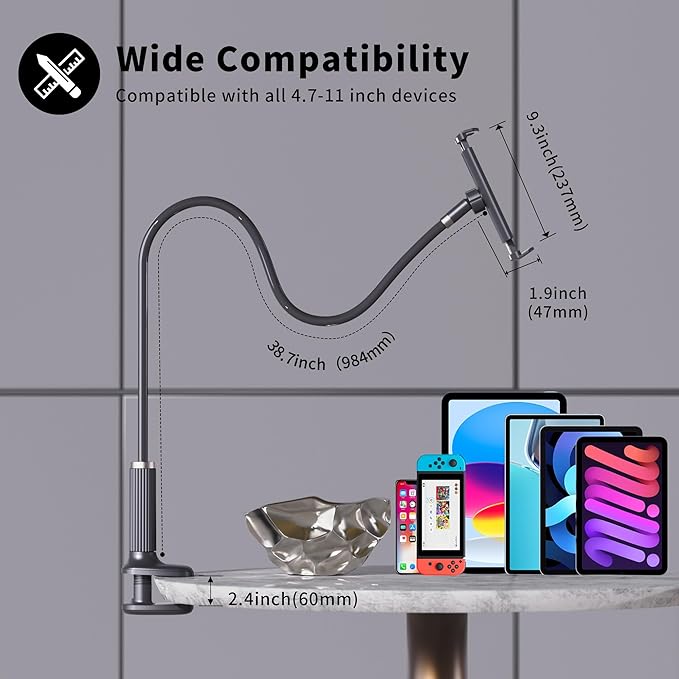 K-MT 【38.7inch/98cm】 Tablet Phone Holder Bed Gooseneck Mount, Mount Holder Clip - Image 3