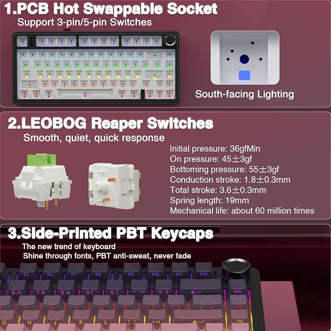 AULA F75 Pro Wireless Mechanical Keyboard, 75% Hot Swappable Custom Keyboard - Image 6