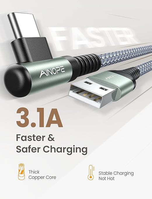 AINOPE Type C Cable Right Angle, 3.1A USB Type C Cable Fast Charging, Nylon - Image 2
