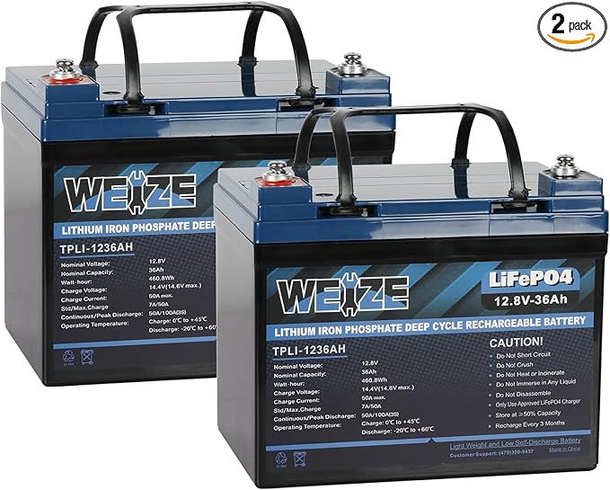 WEIZE 12V 36Ah LiFePO4 Lithium Battery, Grade A Cells Built in BMS Low by WEIZE
