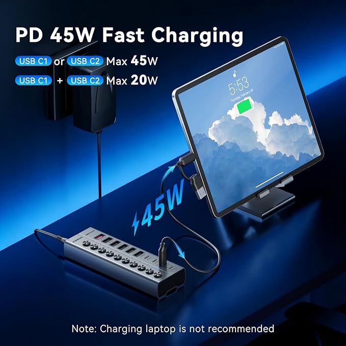 FIDECO 10-Port 72W Powered USB Hub, USB C Hub - Image 3