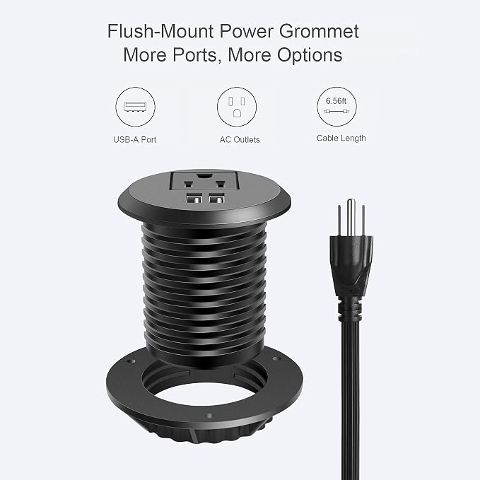 Jgstkcity Desktop Power Grommet, 2 inch, 1 AC Outlet and 2 USB Ports, 6.56ft - Image 2