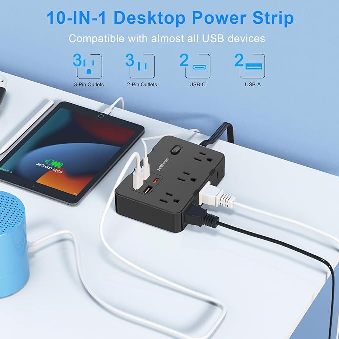 Flat Plug Power Strip Surge Protector, 5ft Ultra Thin Extension Cord - Image 2