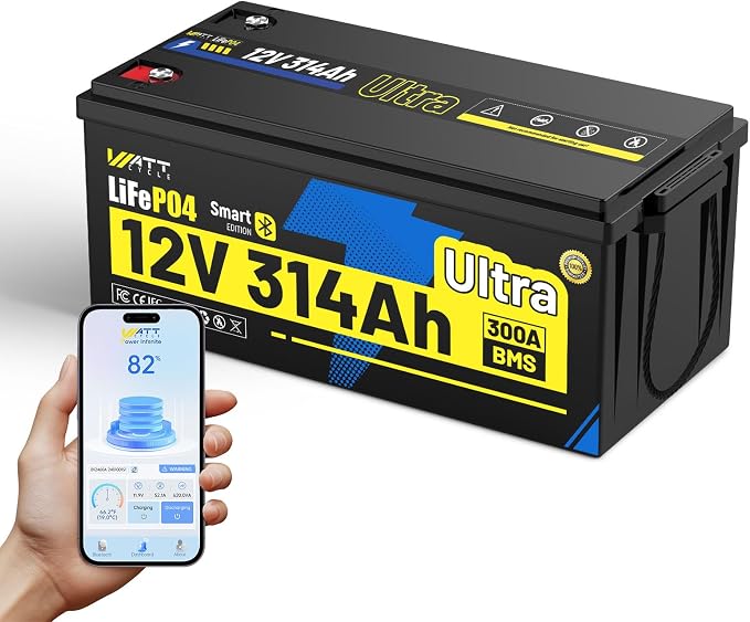 12V 314Ah LiFePO4 Lithium Battery 300Ah BMS, Built-in Metal Frame & Bluetooth by Wattcycle
