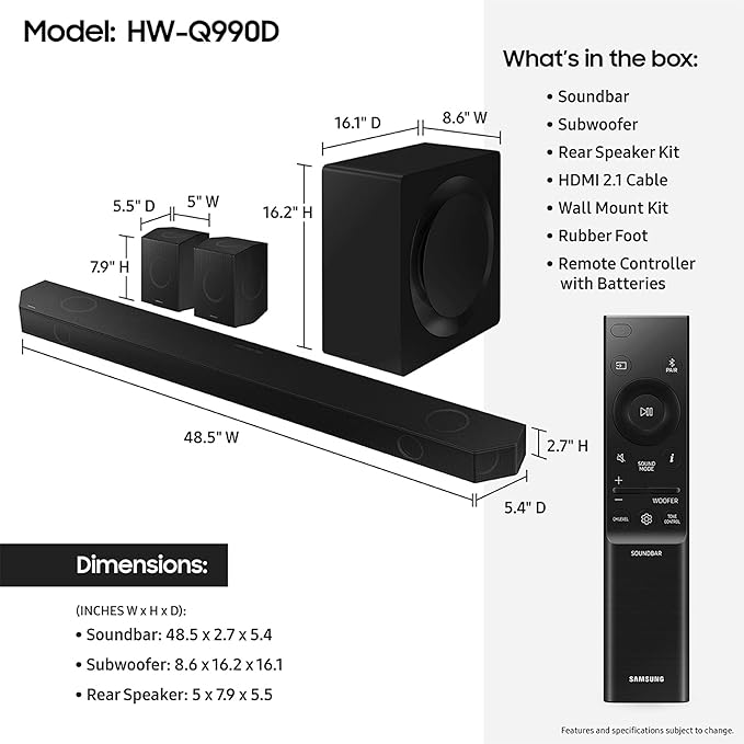 SAMSUNG Q990D 11.1.4ch Soundbar w/Wireless Dolby Atmos Audio, Rear Speaker - Image 2