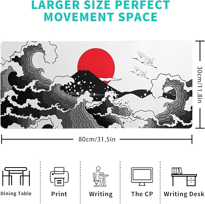 Japanese Red and Black Wave Gaming Mouse Pad Extended Large Mouse Mat Desk Pad - Image 2