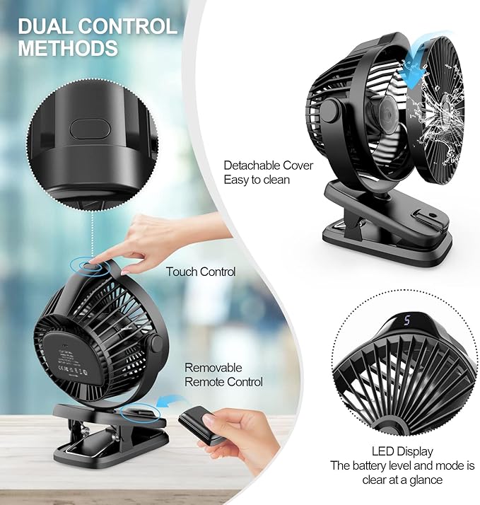 Small Clip on Fan with Remote Control | 8000mAh Battery | 5 Speeds | 5" - Image 6