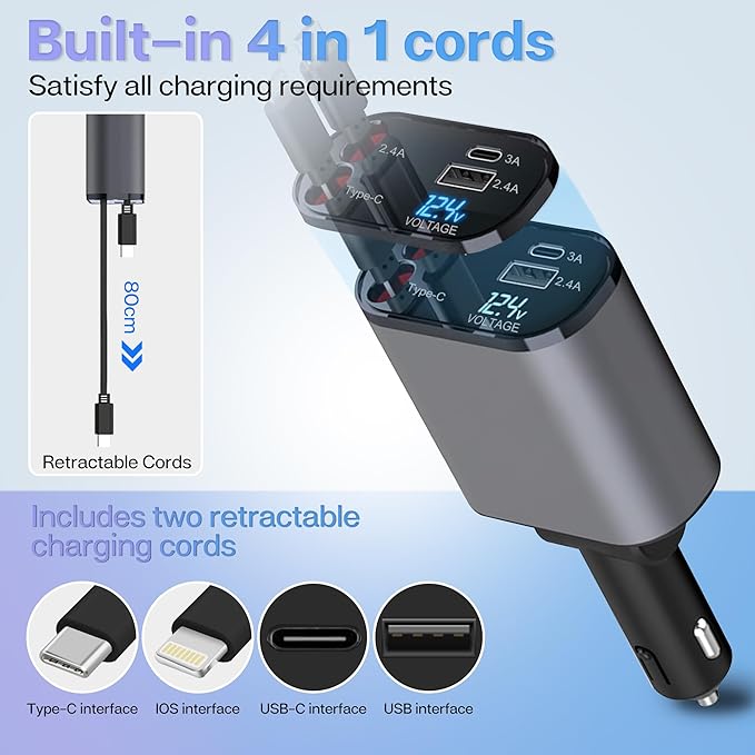 Retractable Car Charger with 100W, 4 in 1 Car Fast Charger - Image 6