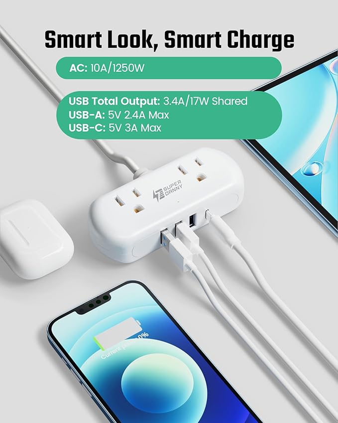 SUPERDANNY Power Strip with USB, 9.8ft Mini Desktop Charging Station with 2 - Image 5