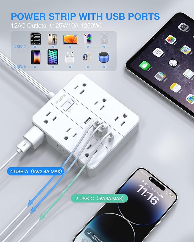 Power Strip with USB Ports, HUNIAN 5Ft Flat Plug Extension Cord Surge Protector - Image 4