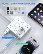 Flat Plug Surge Protector Power Strip, HUNIAN 12 Widely Spaced Outlets - Image 4