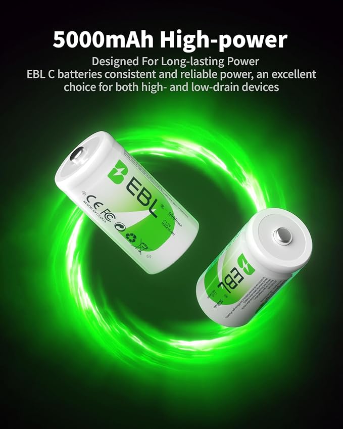 EBL C Batteries High Energy 5000mAh Ready2Use C Rechargeable Battery Cells - Image 3