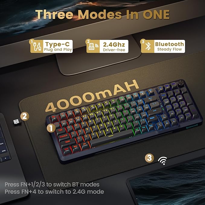 Redragon Wireless Mechanical Keyboard, 3 Mode Gasket Mounted RGB Gaming Keyboard - Image 5